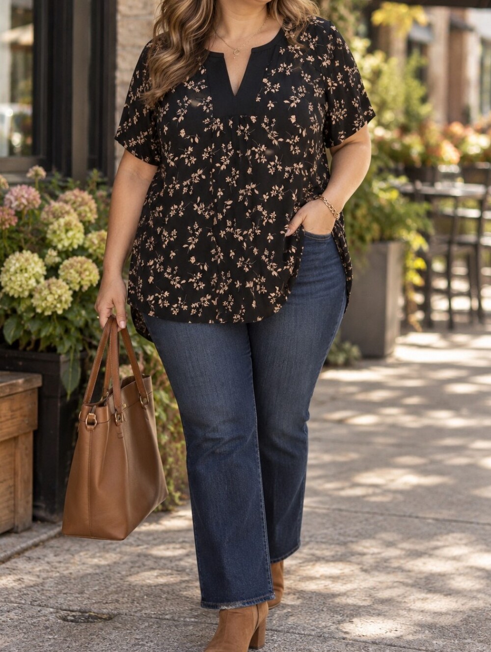 Penningtons Plus Size Black Tan Floral Split V-Neck Tunic Blouse Viscose Casual